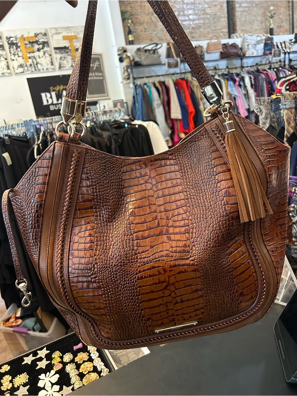 Brahmin Cognac Croc-Embossed Shoulder Bag with Tassel